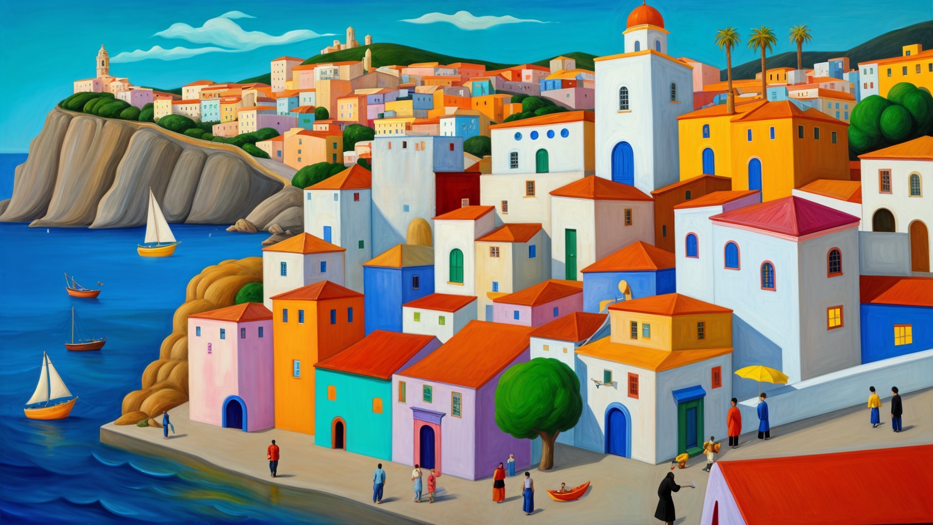 Vibrant Coastal Town with Colorful Buildings and Sailboats