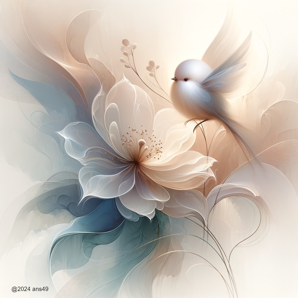 Ethereal Artwork of a White Flower and Whimsical Bird