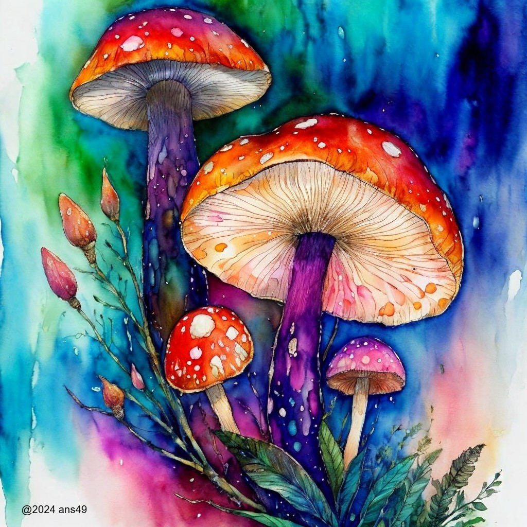 Colorful Illustration of Mushrooms in Dreamy Background