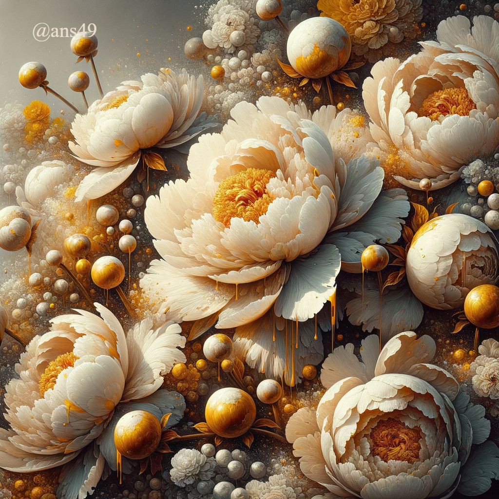 Gold-Dipped Spheres and White Peonies in Warm-Toned Floral Artwork