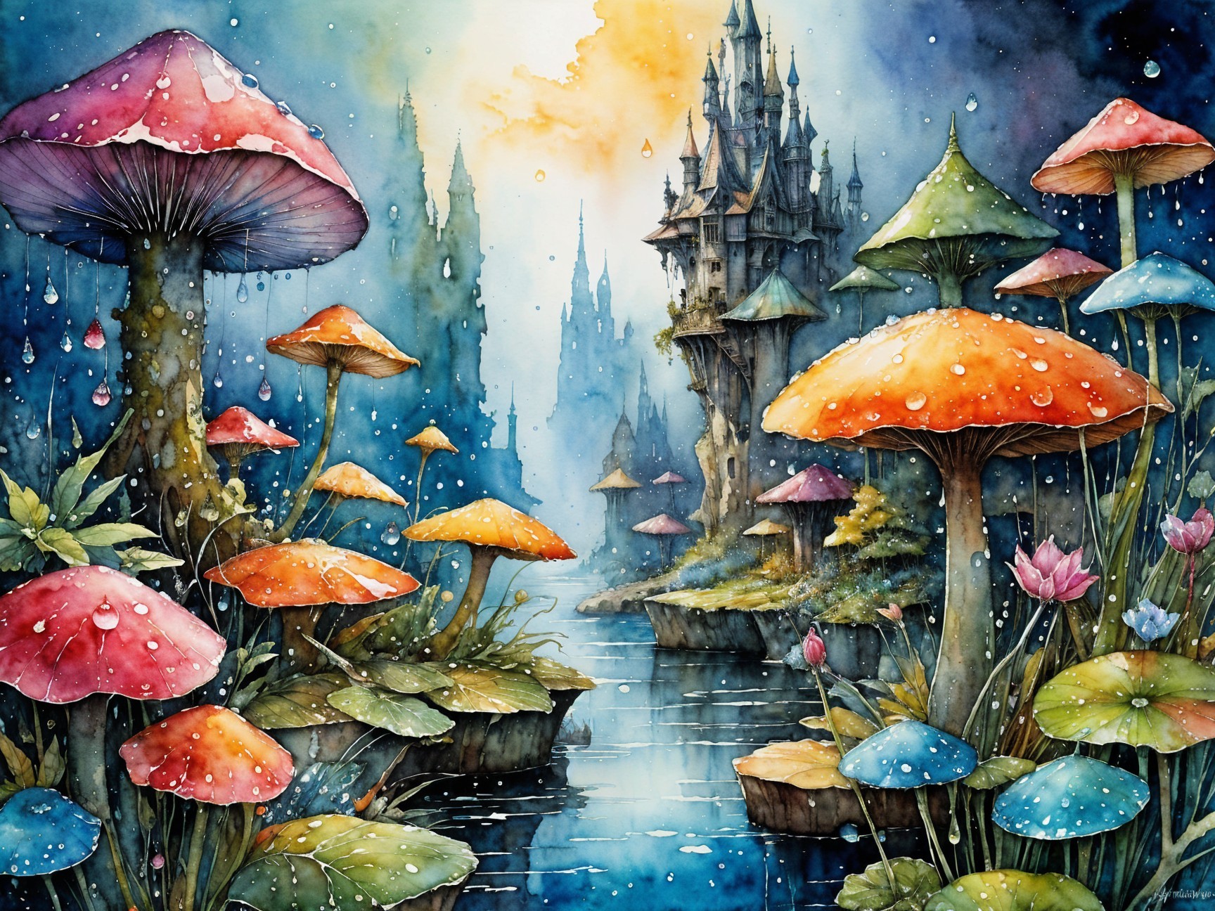 Vibrant Mystical Landscape with Oversized Mushrooms