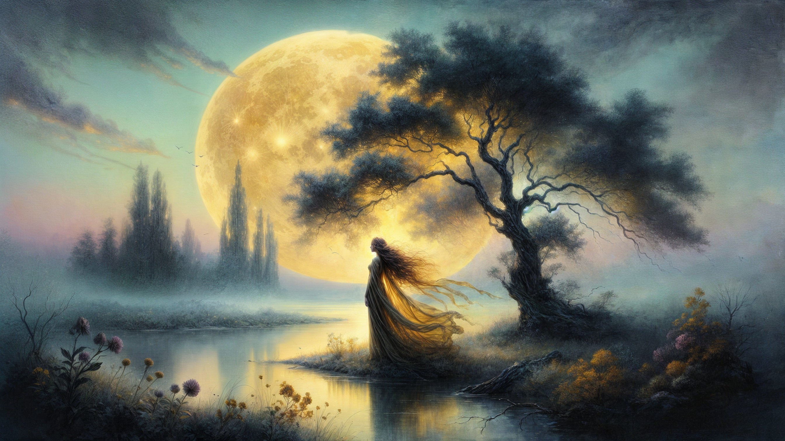 Serene landscape with full moon and tranquil river