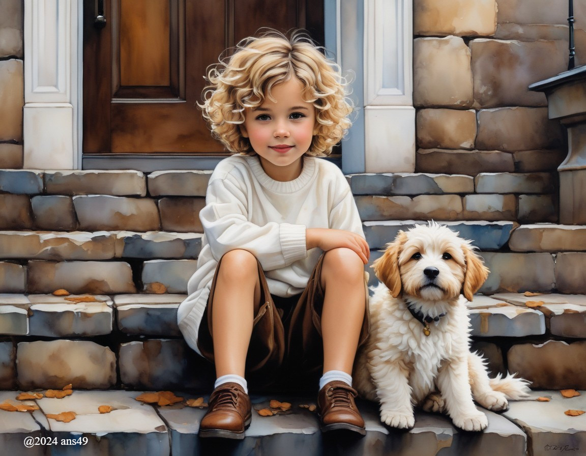 Child with Puppy on Stone Step in Autumn Setting
