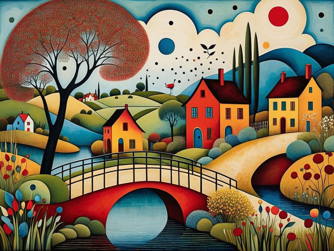 Whimsical Landscape with River and Colorful Houses