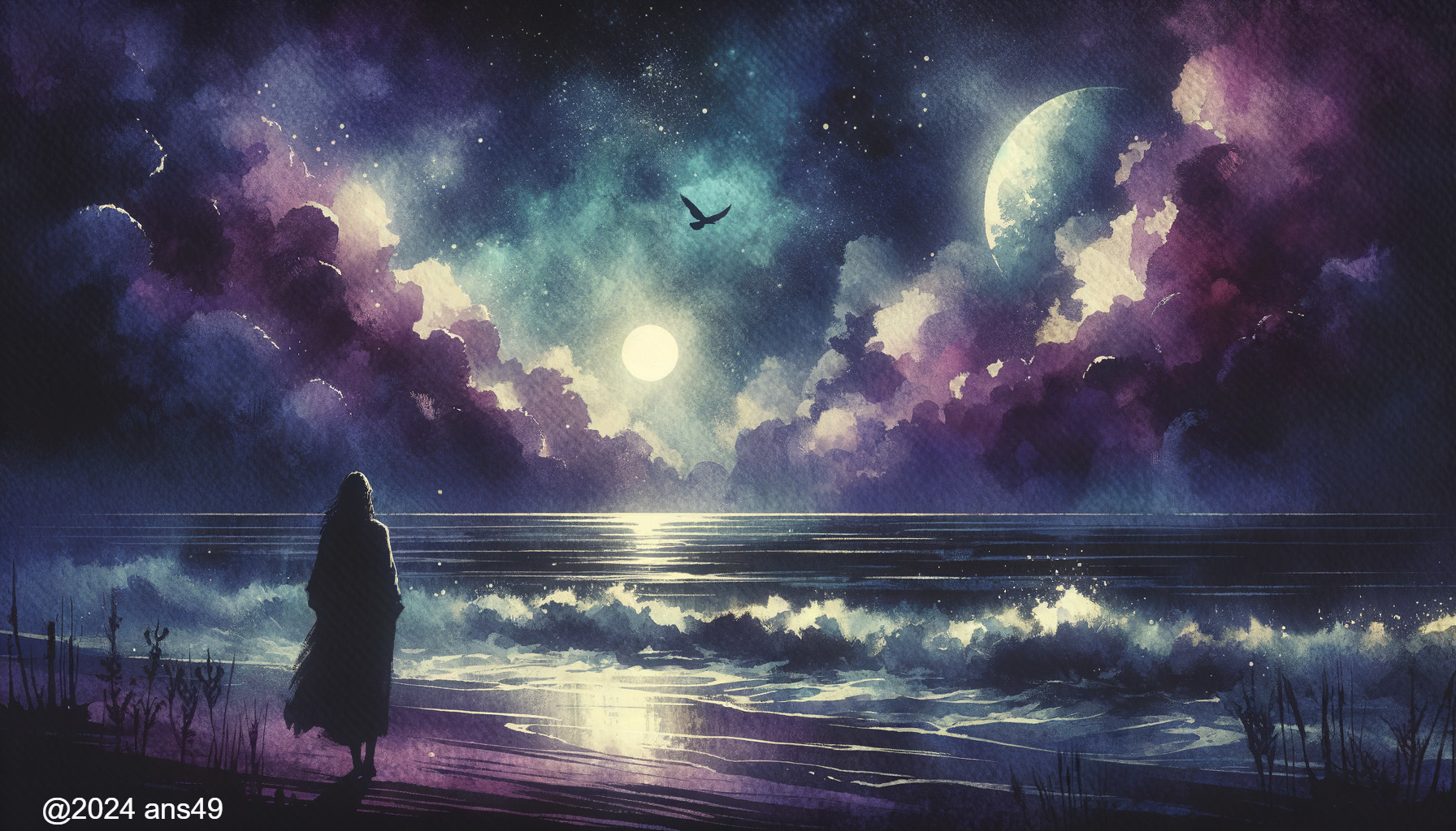 Serene Night Scene by the Ocean Under Starry Sky