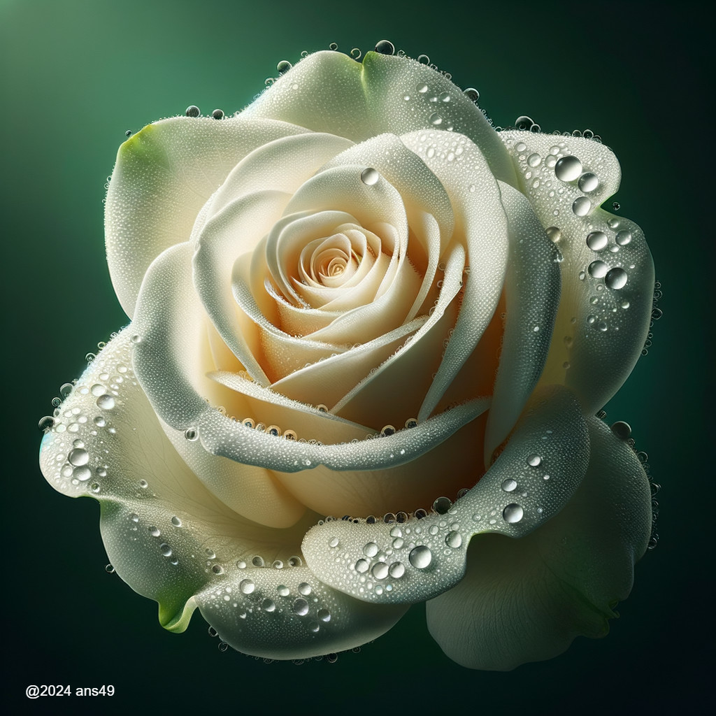 White Rose with Water Droplets on Green Background