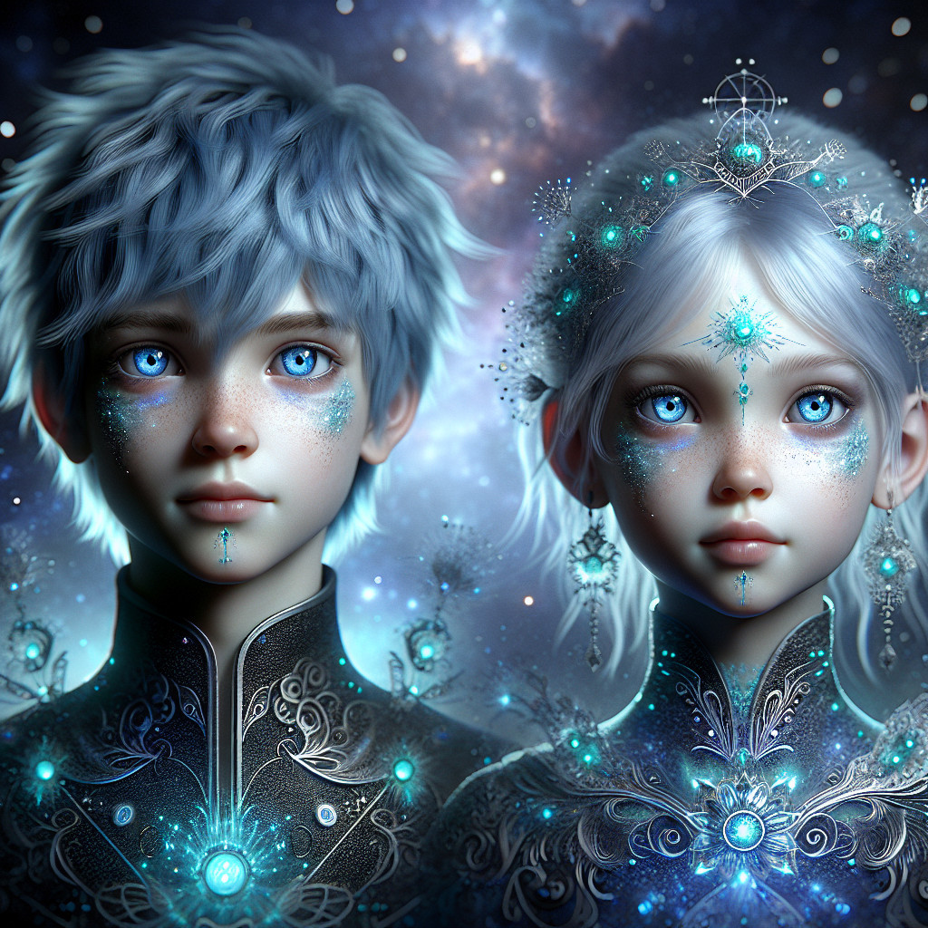 Ethereal Figures with Blue Eyes in Cosmic Backdrop