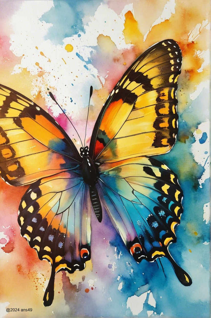 Vibrant Watercolor Butterfly with Orange and Blue Wings