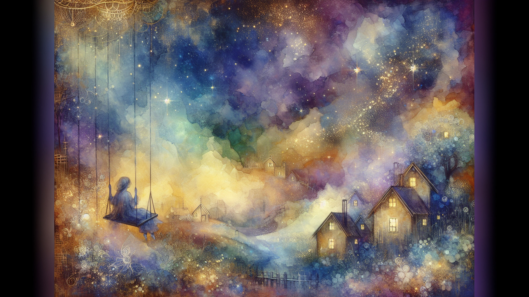 Whimsical Watercolor Night Sky with Stars and Houses