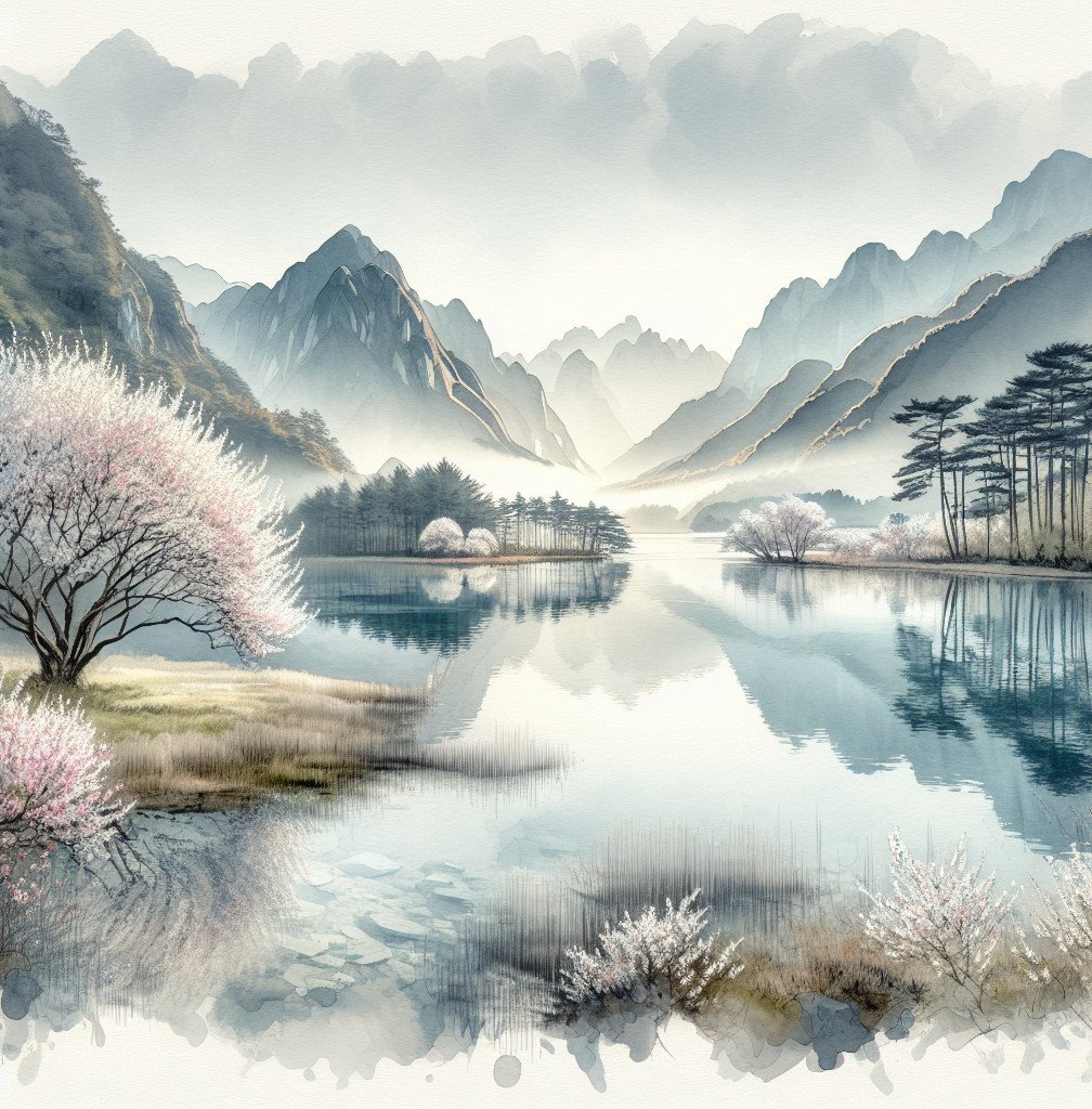 Serene Landscape with Mountains and Cherry Blossoms