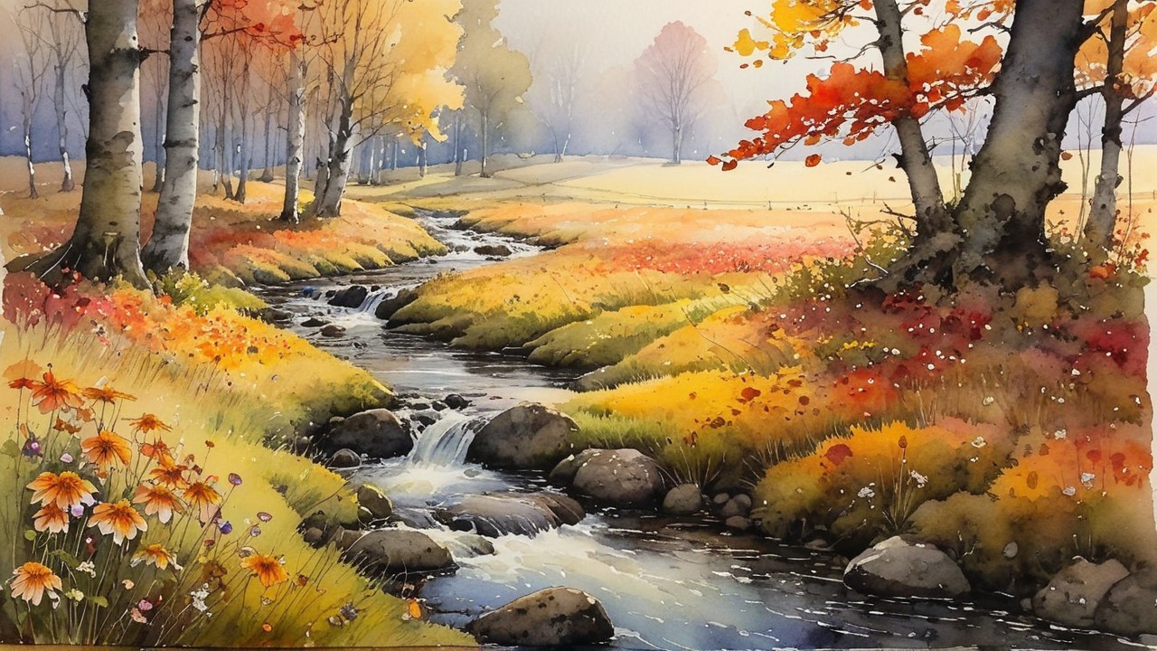 Serene Autumn Landscape with Stream and Wildflowers