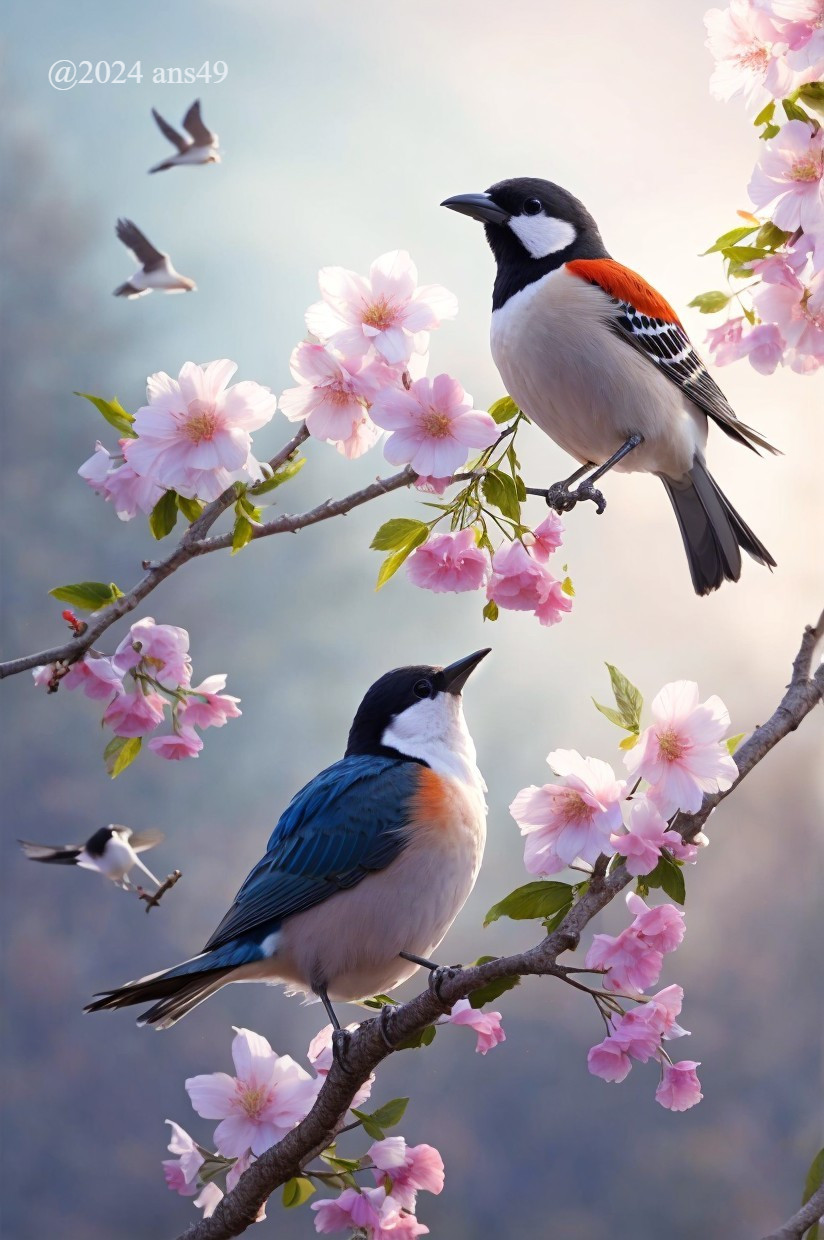 Colorful Birds on Cherry Blossom Branches