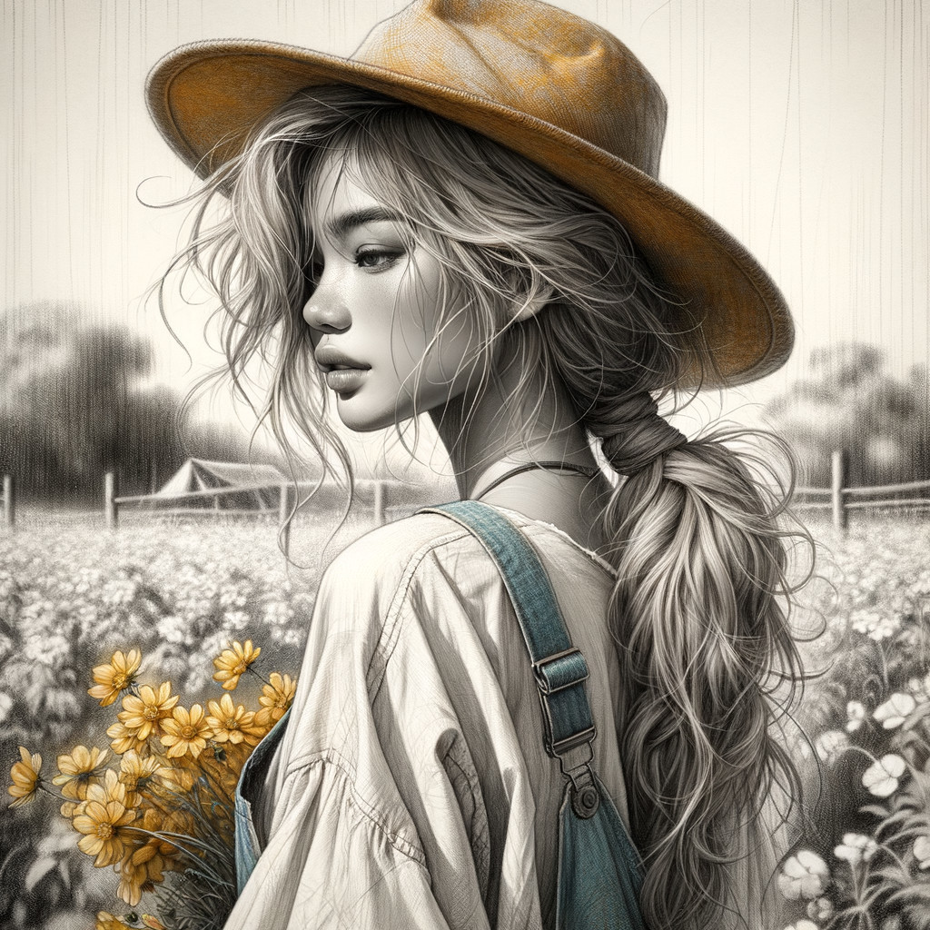 Young woman in flower field with sepia tones