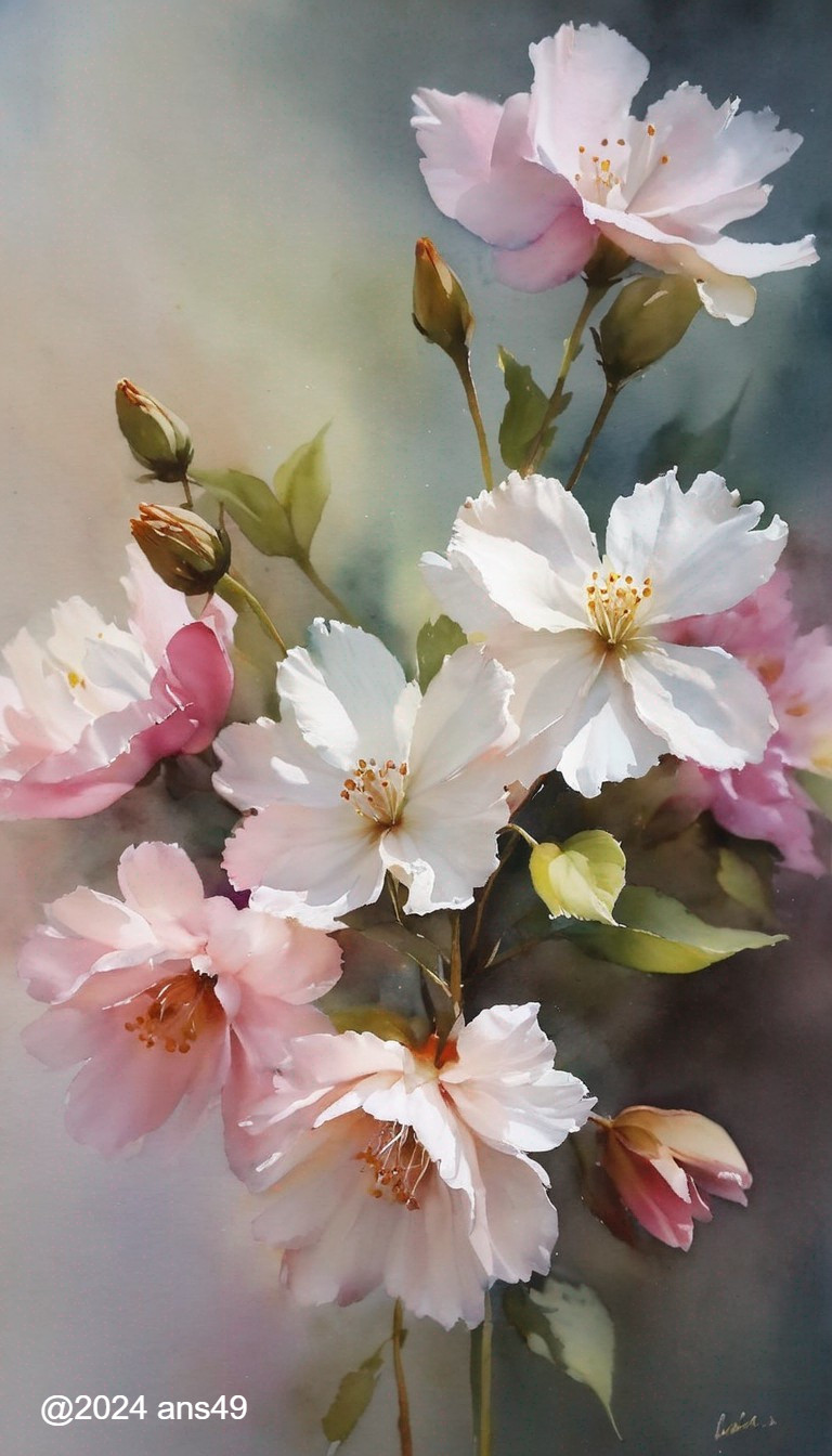 Watercolor Painting of Pink and White Blossoms