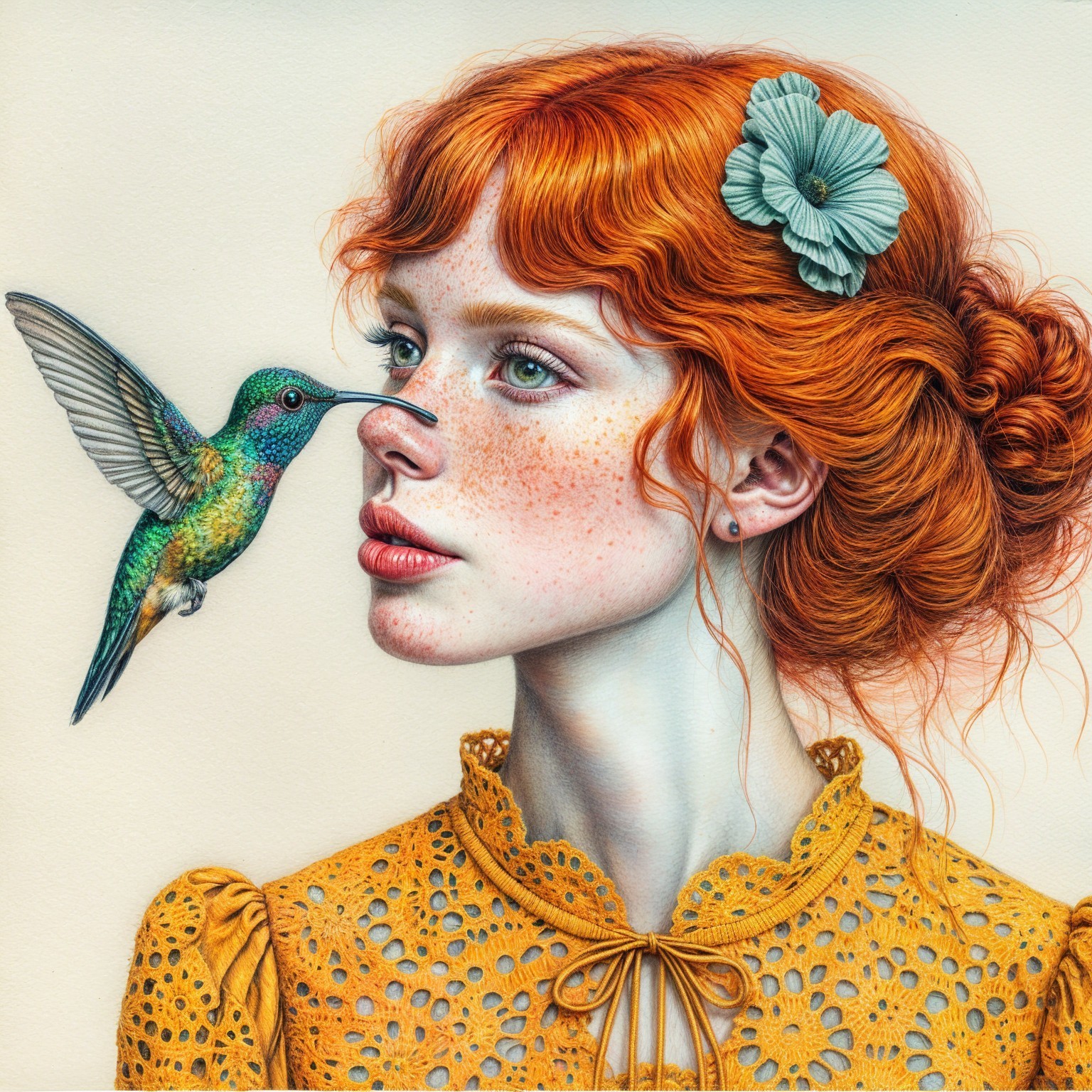 Young woman with red hair and hummingbird interaction