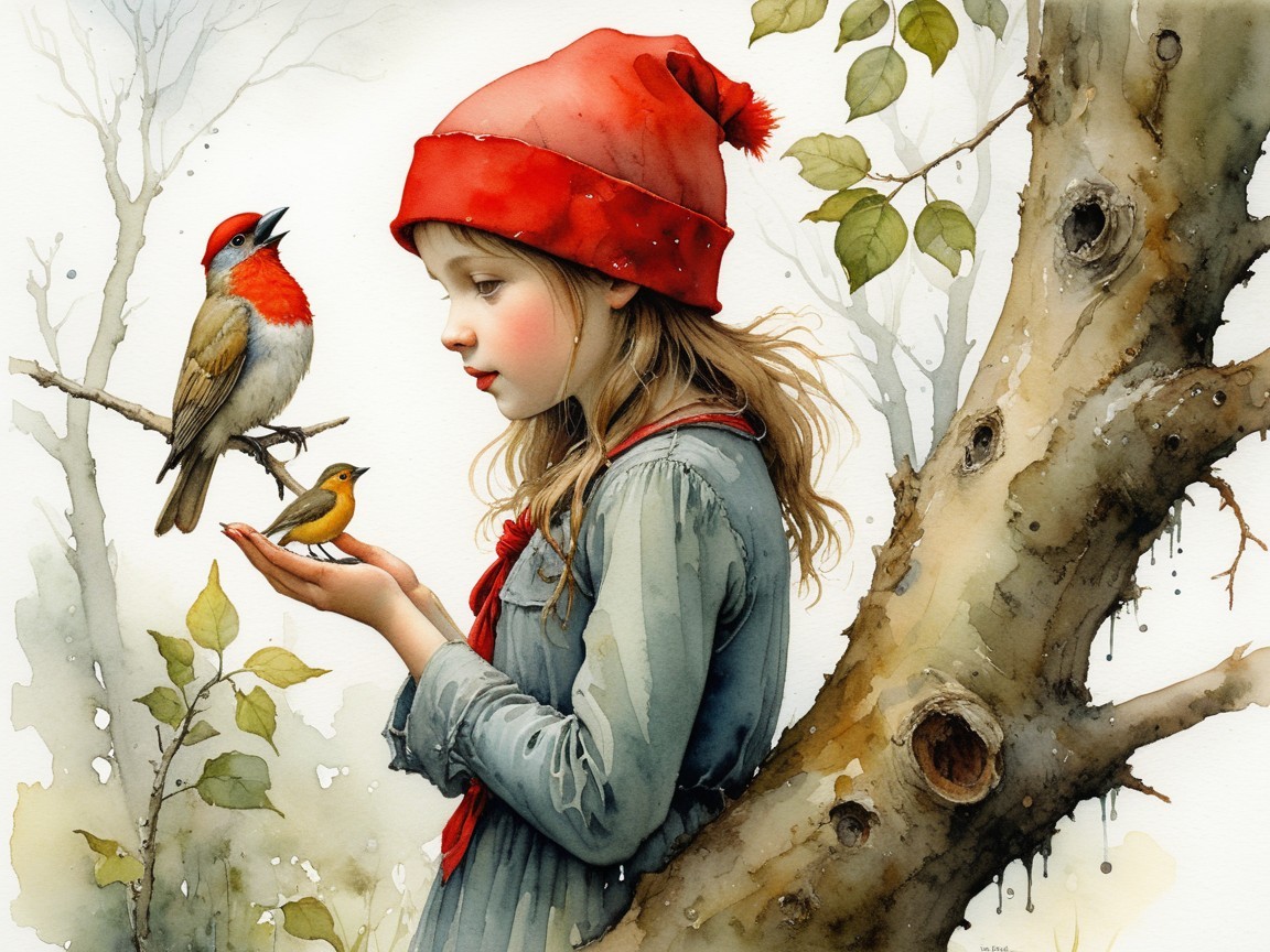 Young girl in red hat with birds by a tree