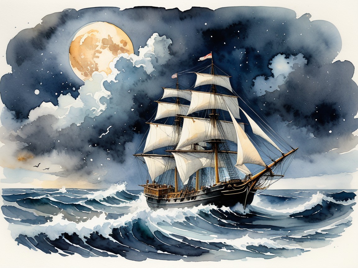 Sailing Ship Navigating Turbulent Waters Under Moonlight