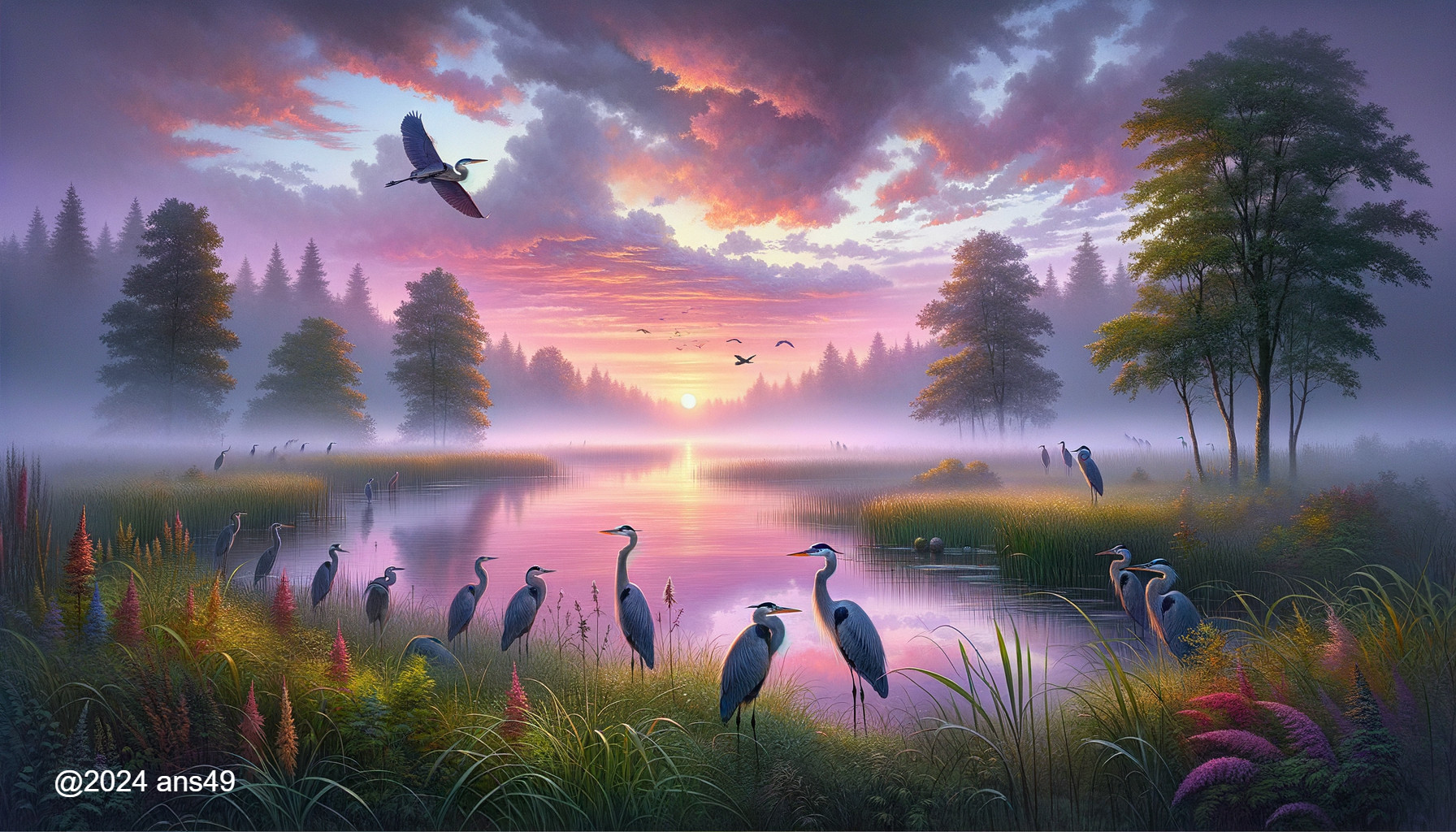Tranquil Dawn Landscape with Lake and Birds