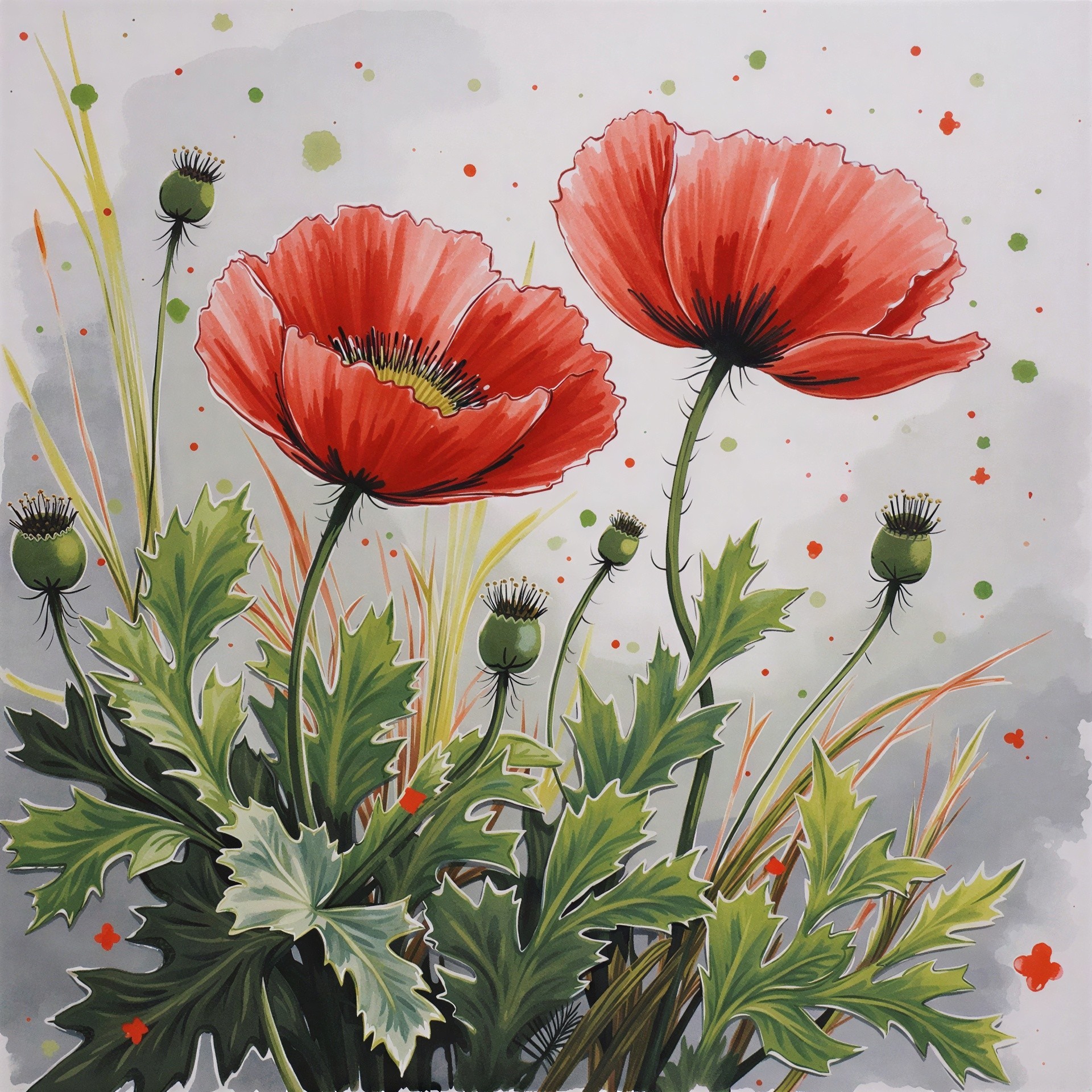 Vibrant Watercolor Painting of Red Poppies and Botanicals