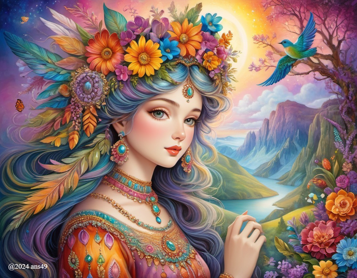 Woman in Floral Crown with Scenic Landscape Background