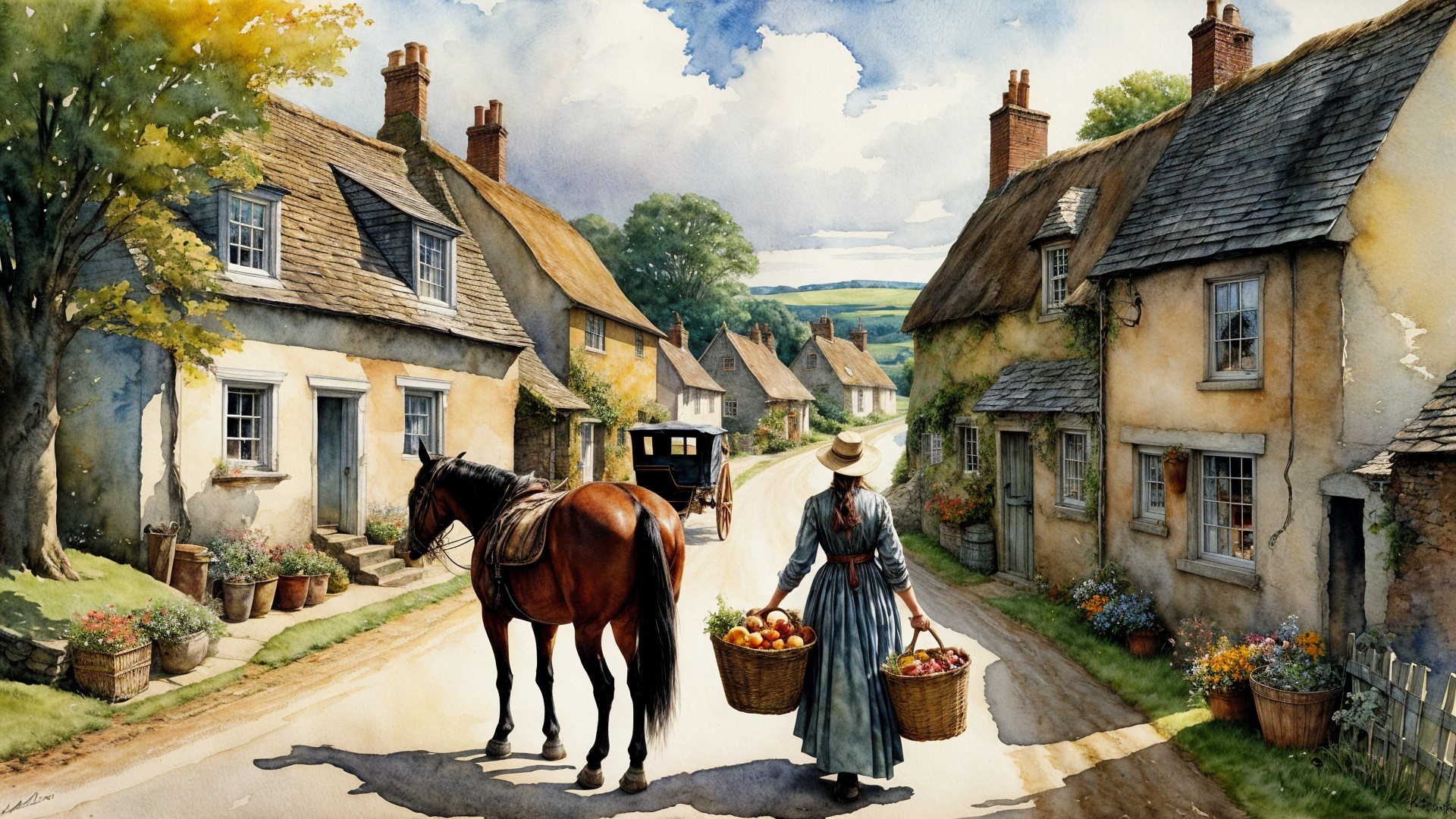 Watercolor Painting of a Quaint Village Scene