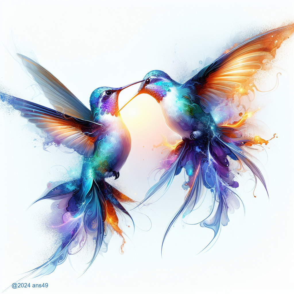 Vibrant Hummingbirds in Colorful Ethereal Artwork