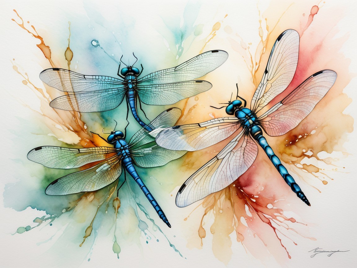 Vibrant Watercolor Painting of Delicate Dragonflies