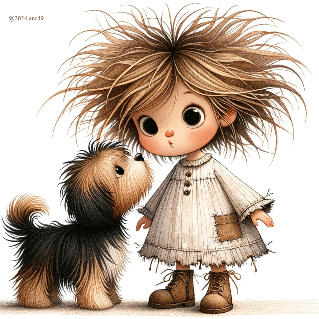 Whimsical Illustration of Girl and Fluffy Dog