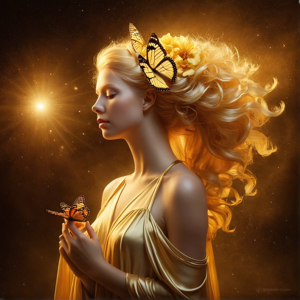 Ethereal Woman with Golden Hair and Cosmic Background