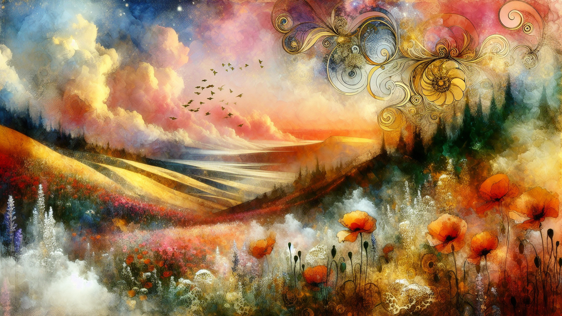 Vibrant Landscape with Hills, Wildflowers, and Sunset