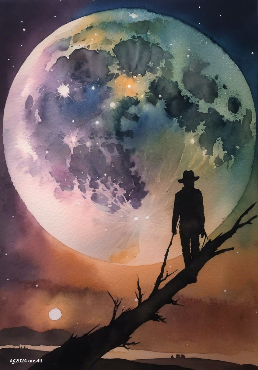 Silhouette on Branch Under Vivid Moon and Starry Sky