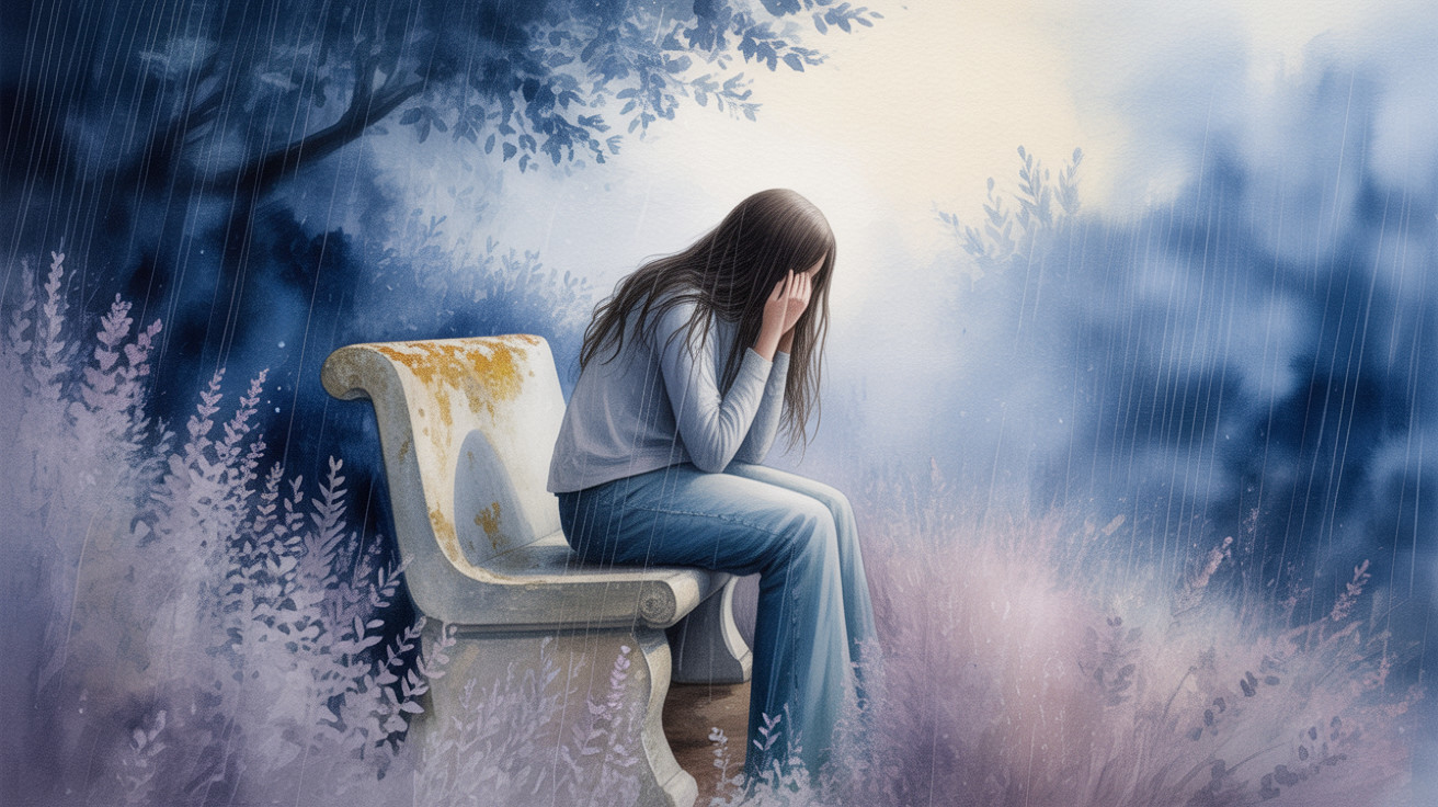 Sad figure on a bench in a misty landscape