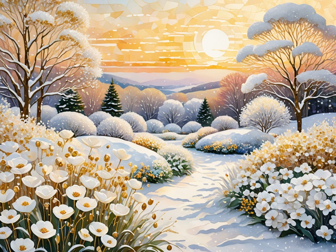 Serene Winter Landscape with Sunrise and Snow-Covered Trees
