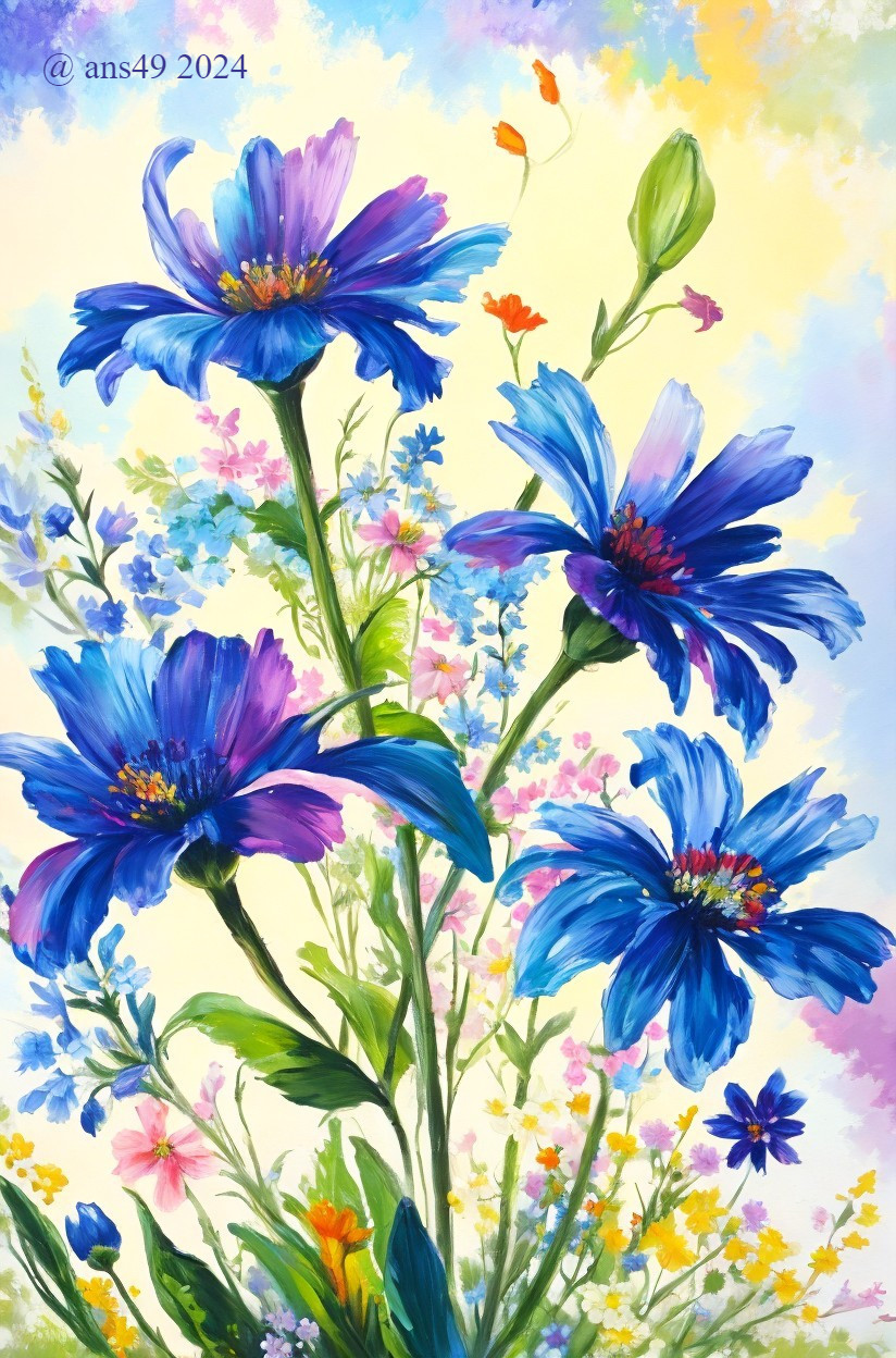 Vibrant Blue Flowers with Pink Centers and Butterflies