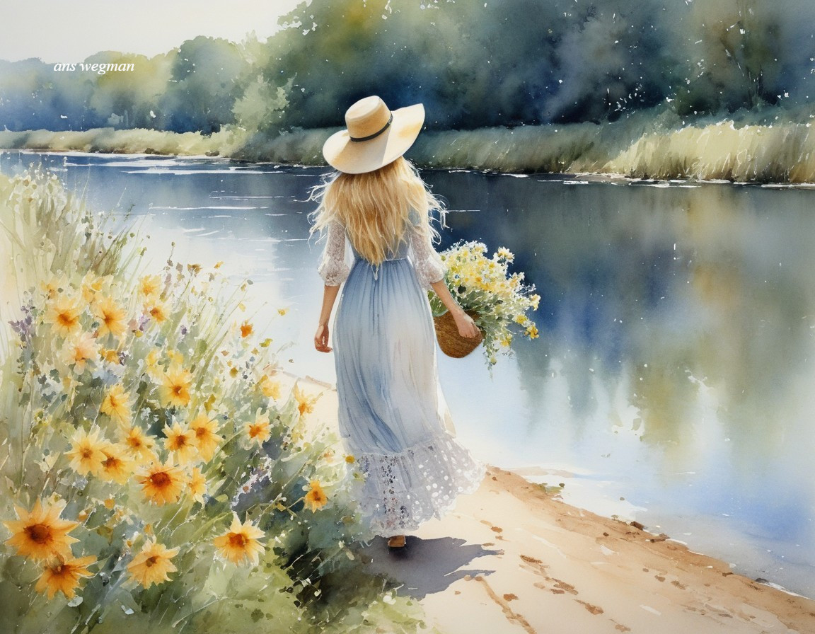 Woman in blue dress and straw hat by river with yellow flowers