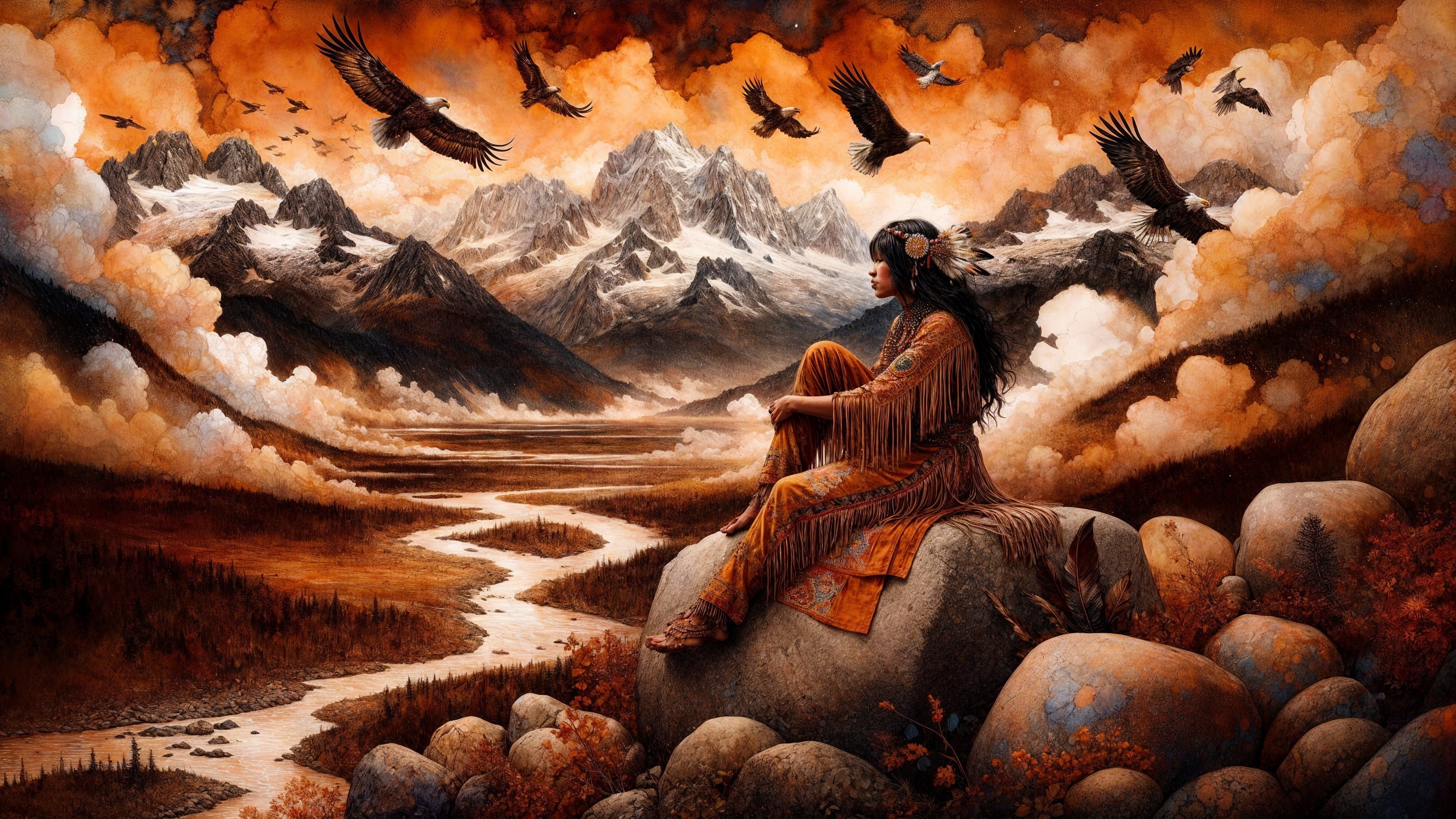 Serene Landscape with Native American Woman and Mountains