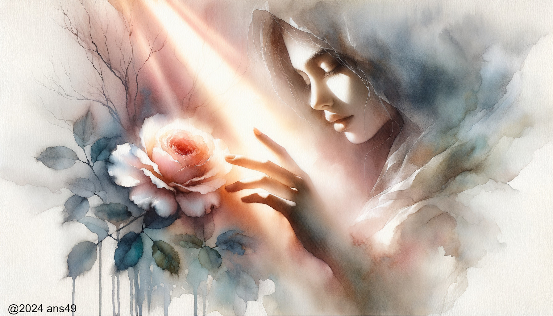 Serene Figure with Rose in Soft Watercolor Hues