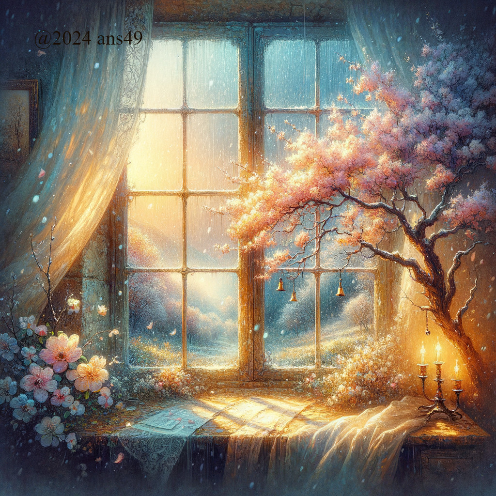 Cozy Room with Blooming Tree and Sunlight Effects