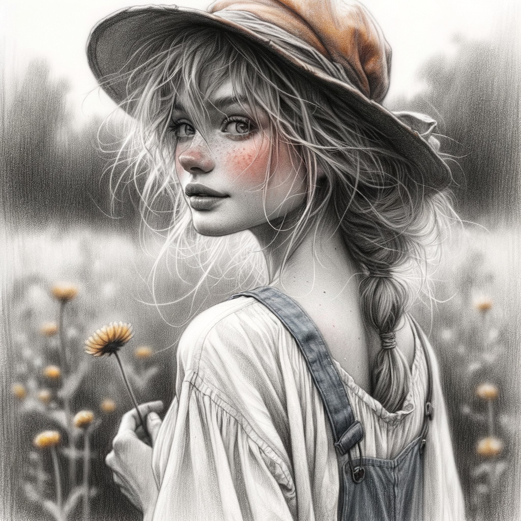 Young woman in flower field with straw hat and overalls