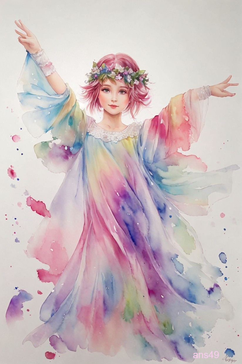 Whimsical woman in floral crown & flowing dress, vibrant watercolor hues