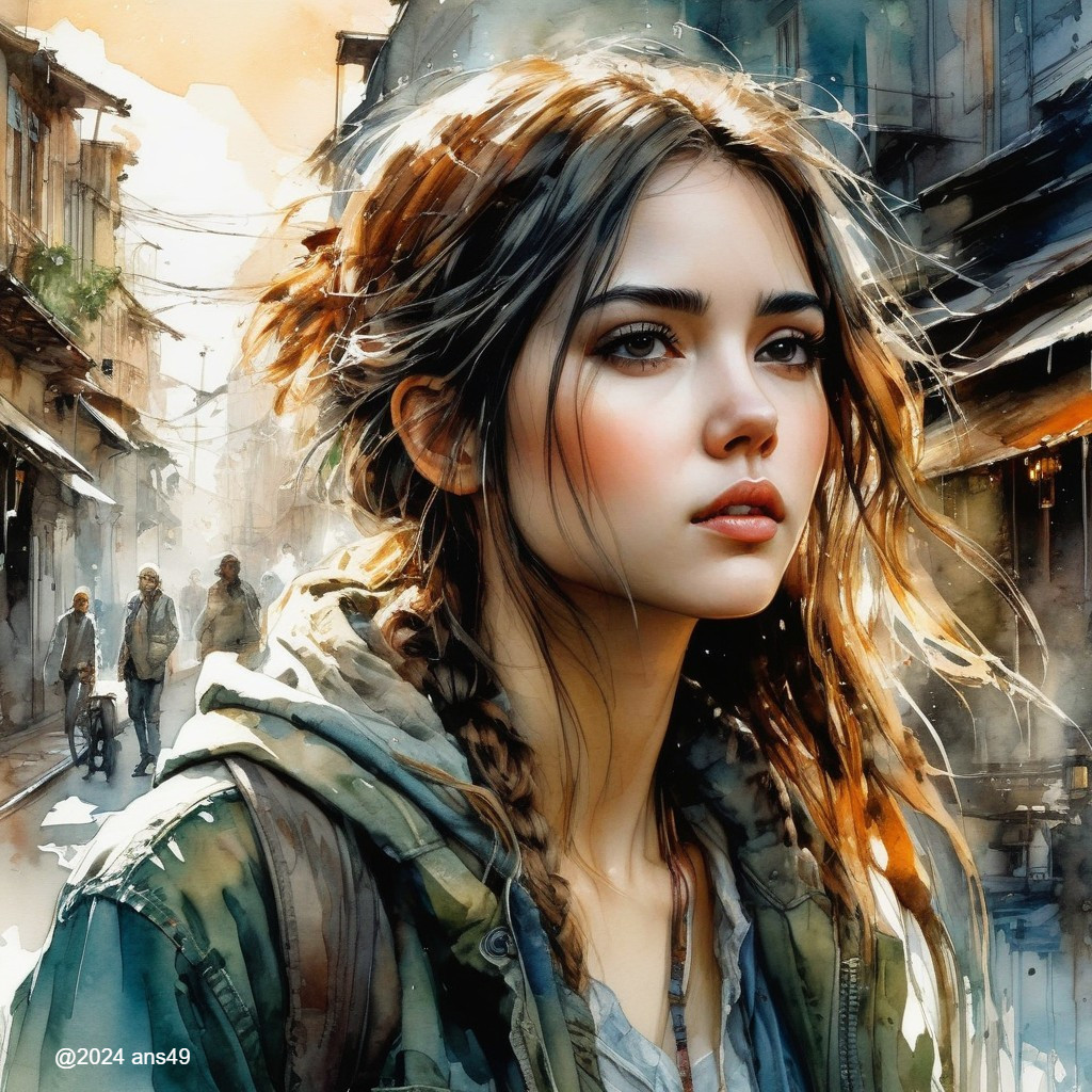 Serene Young Woman in Sunlit Urban Street Scene