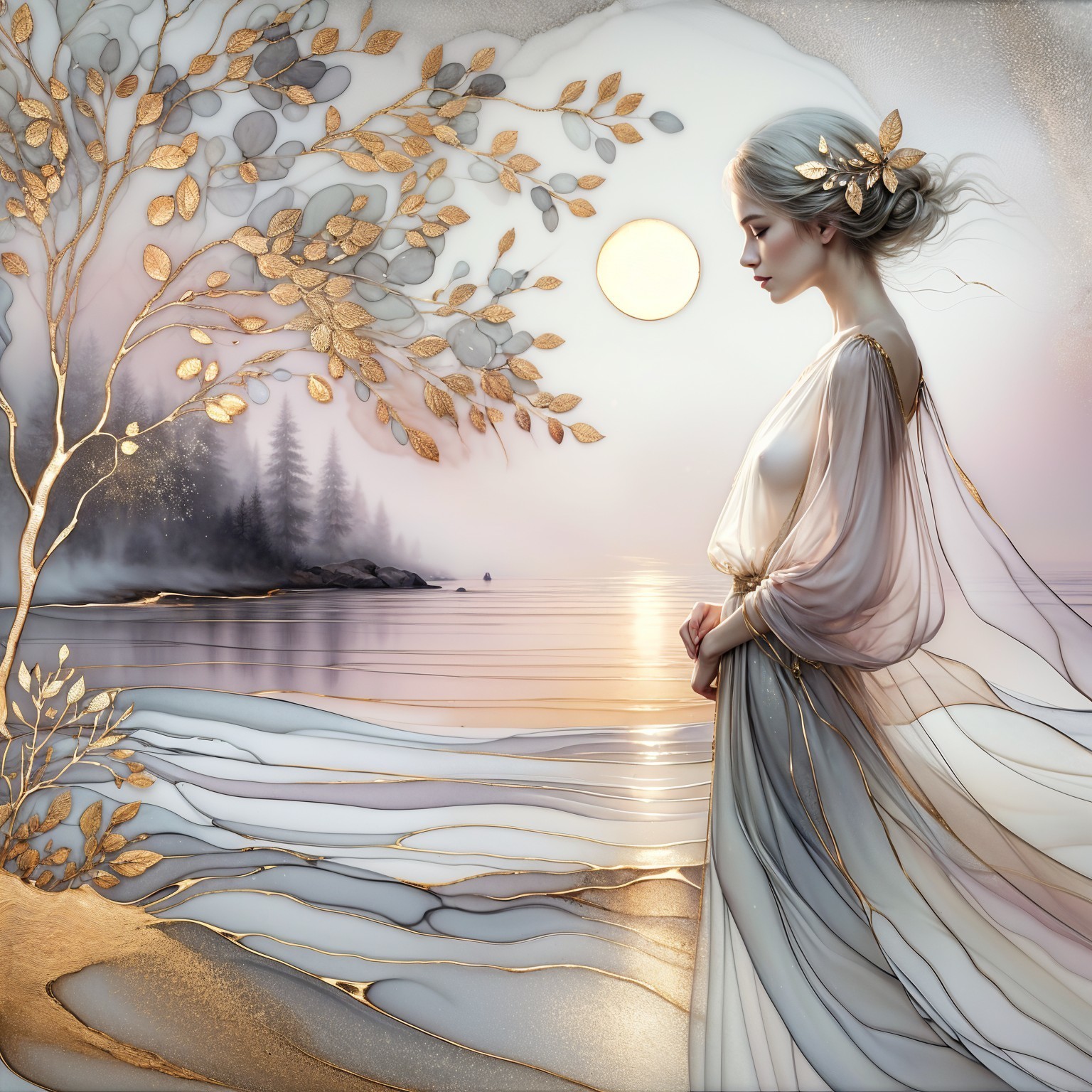 Serene Sunset Scene by a Tranquil Shoreline
