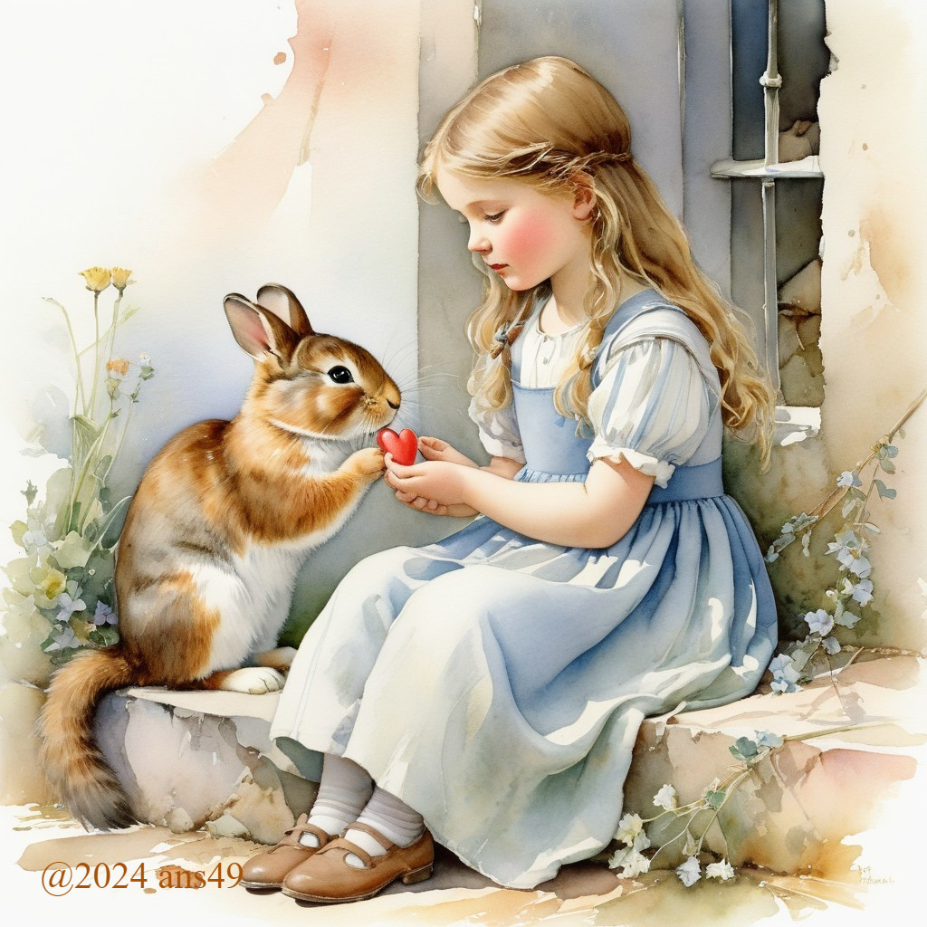 Young girl in blue dress offers apple to bunny