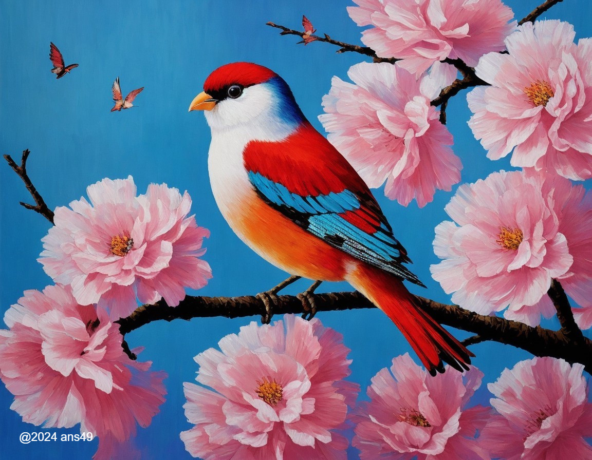 Vibrant Bird on Cherry Blossom Branch with Blue Sky