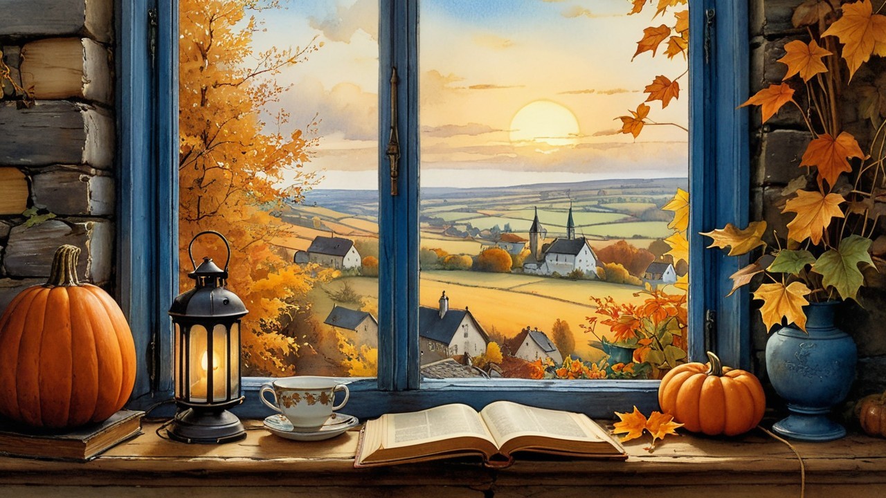 Autumn Scene Through a Rustic Window with Cozy Elements
