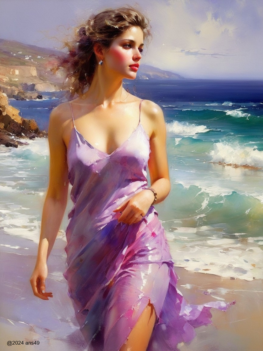 Young woman in lavender dress on sandy beach