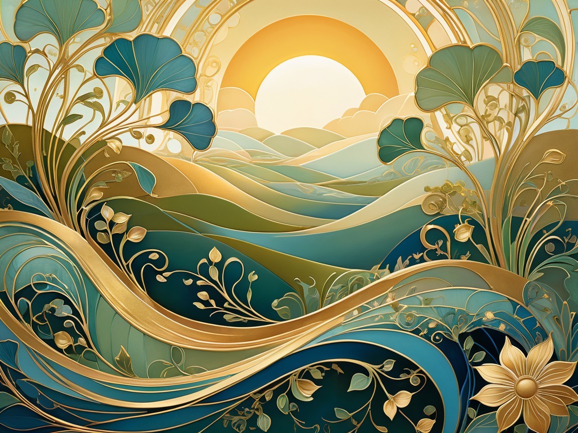 Serene Landscape of Rolling Hills in Teal and Gold