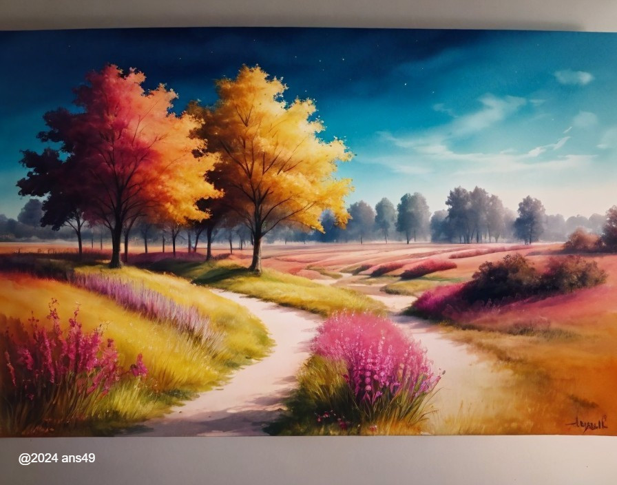 Vibrant Landscape with Winding Path and Autumn Trees