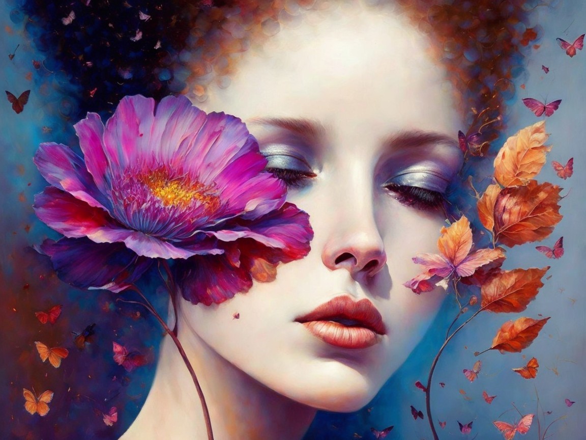 Dreamy Portrait of Woman with Flowers and Butterflies