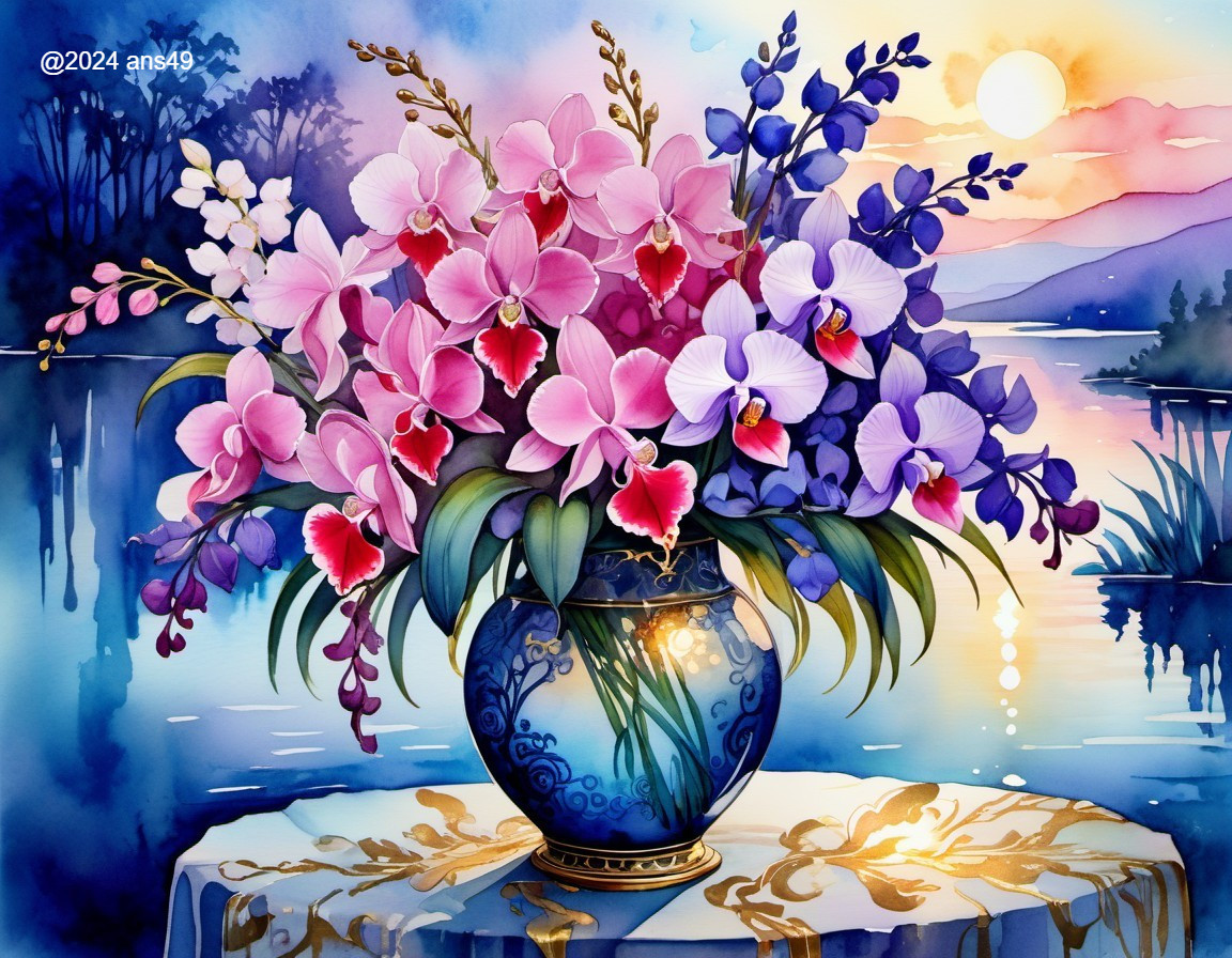 Vibrant Orchids in Ornate Blue Vase with Scenic Background